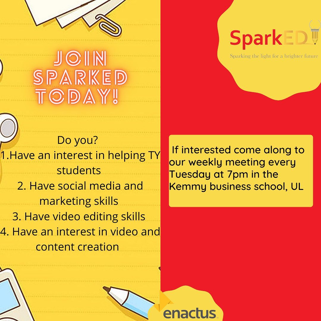 💡New members always welcome 💡 

If you think you would like to become a member of the SparkED team come along to our weekly meetings every Tuesday at 7 in KB1-15 ✨

If you have any questions about the programme feel free to dm us! ✨. #ul #business #teamwork #enactus #enterprise #sparked #college #university #lc #ty #study #society #innovation